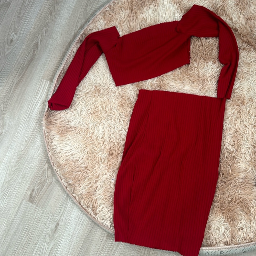Bebe matching red skirt and crop top set